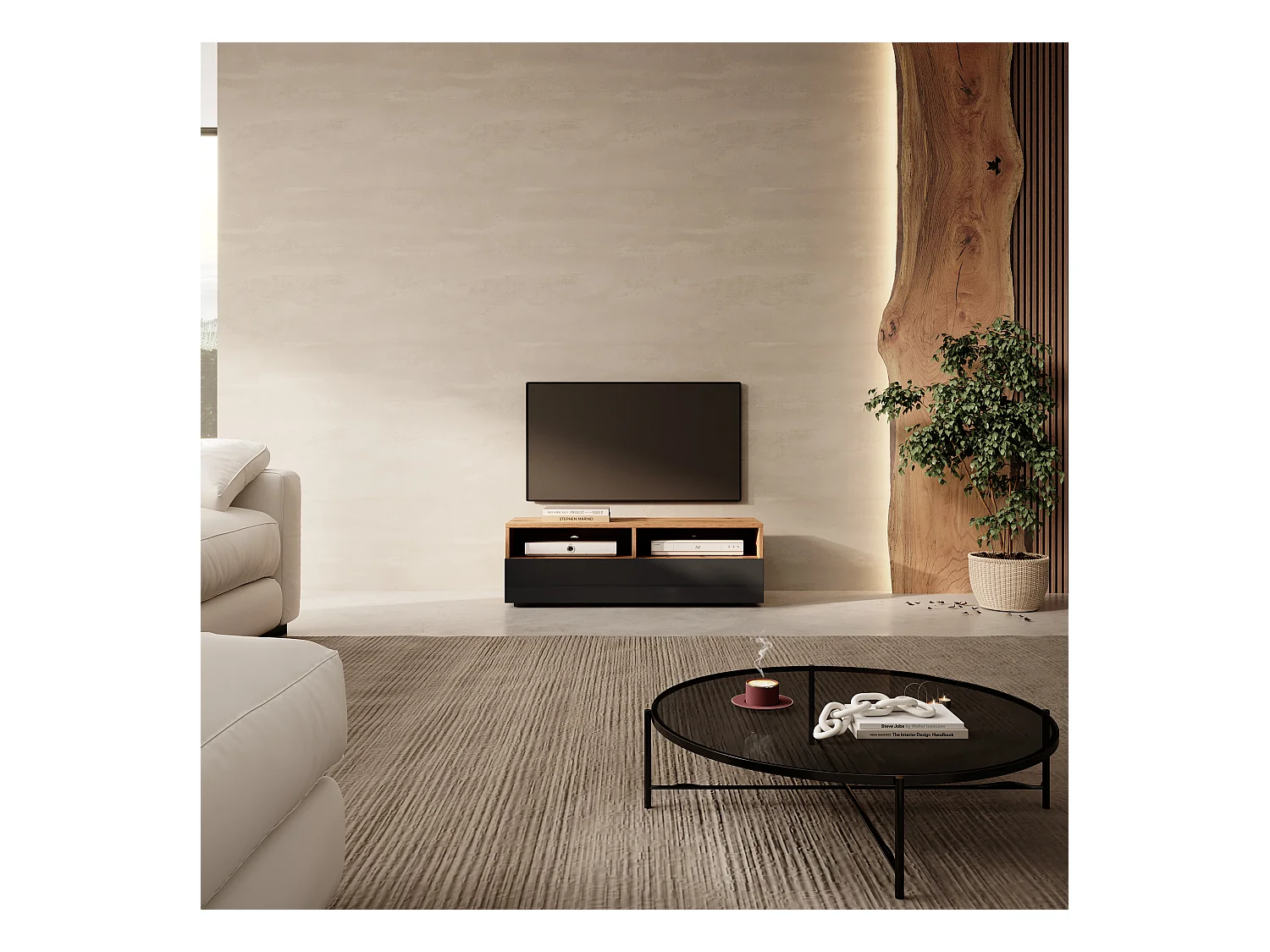 Meuble TV - 100 cm - chêne wotan / noir brillant - REDNAW