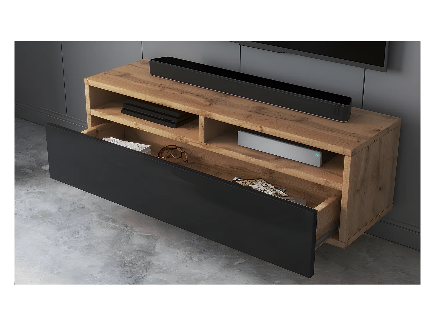 Meuble TV - 100 cm - chêne wotan / noir brillant - REDNAW