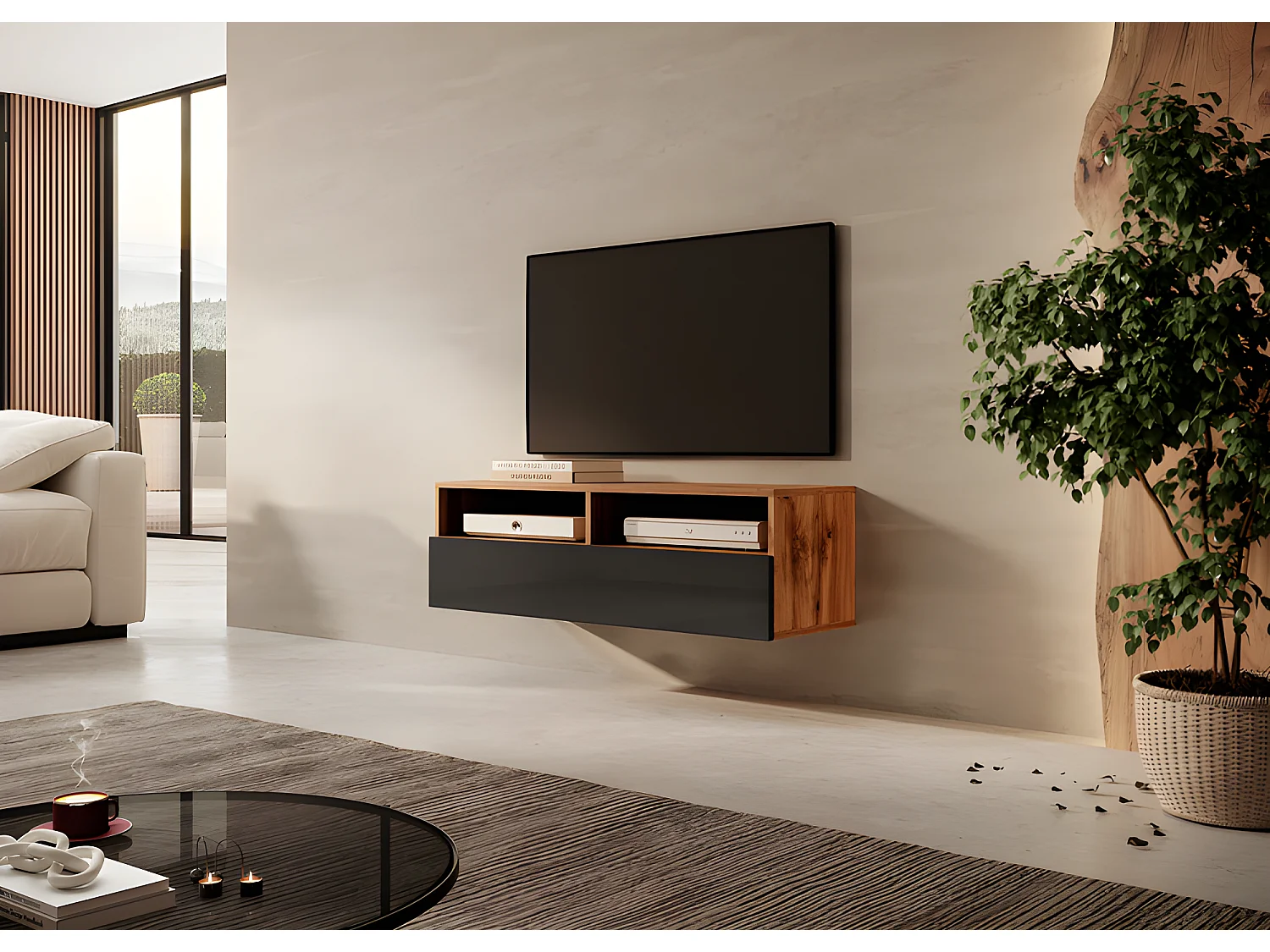 Meuble TV - 100 cm - chêne wotan / noir brillant - REDNAW