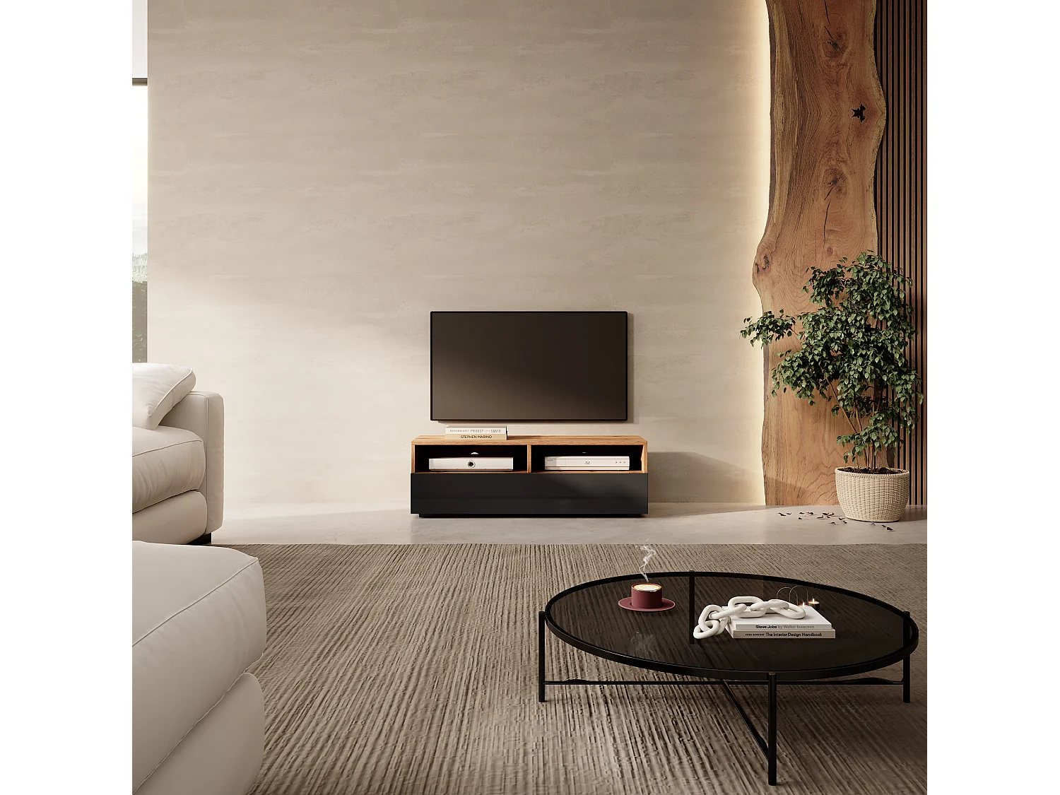 Meuble TV - 100 cm - chêne wotan / noir brillant - REDNAW