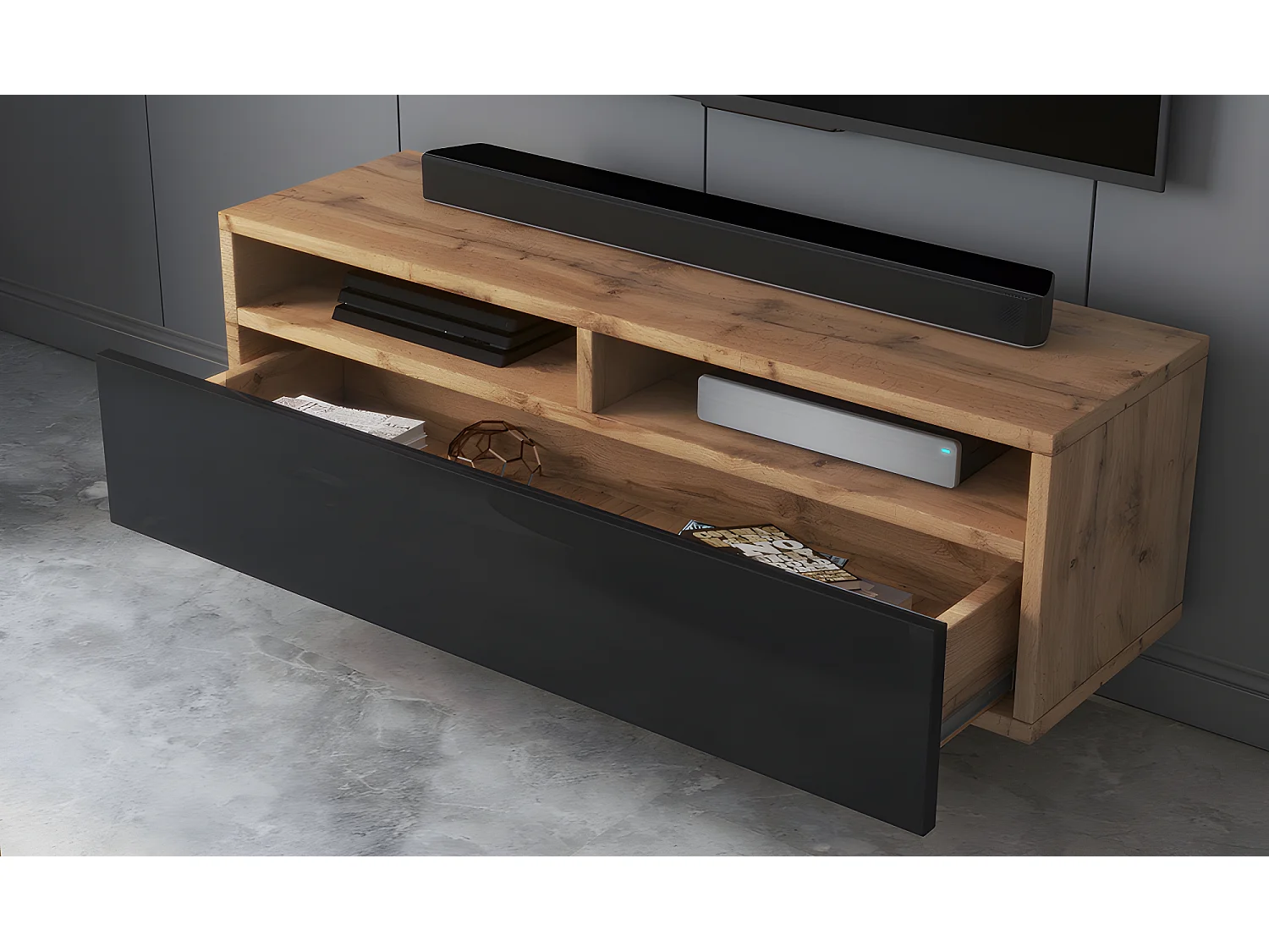 Meuble TV - 100 cm - chêne wotan / noir brillant - REDNAW