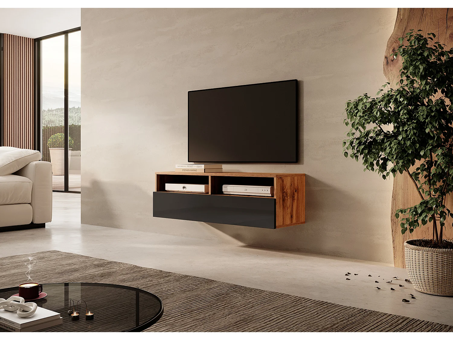 Meuble TV - 100 cm - chêne wotan / noir brillant - REDNAW
