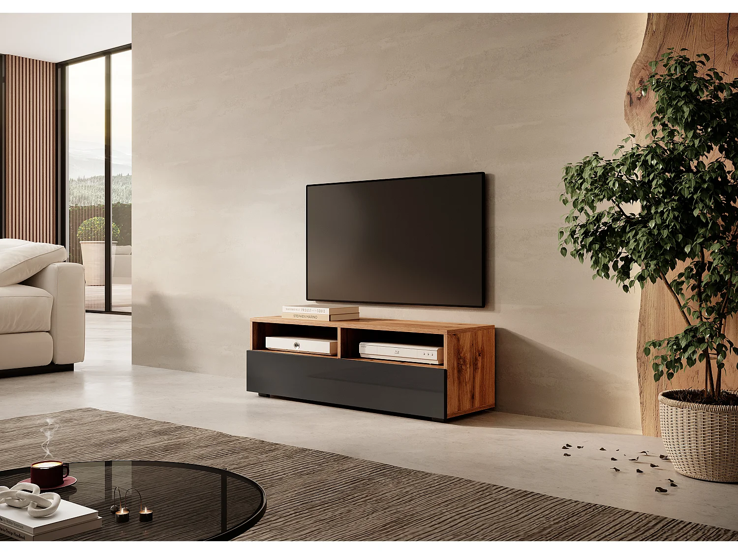 Meuble TV - 100 cm - chêne wotan / noir brillant - REDNAW