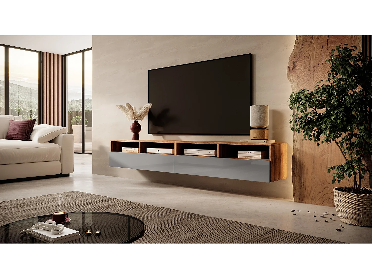 Meuble TV - 2x100 cm - chêne wotan / gris brillant - REDNAW