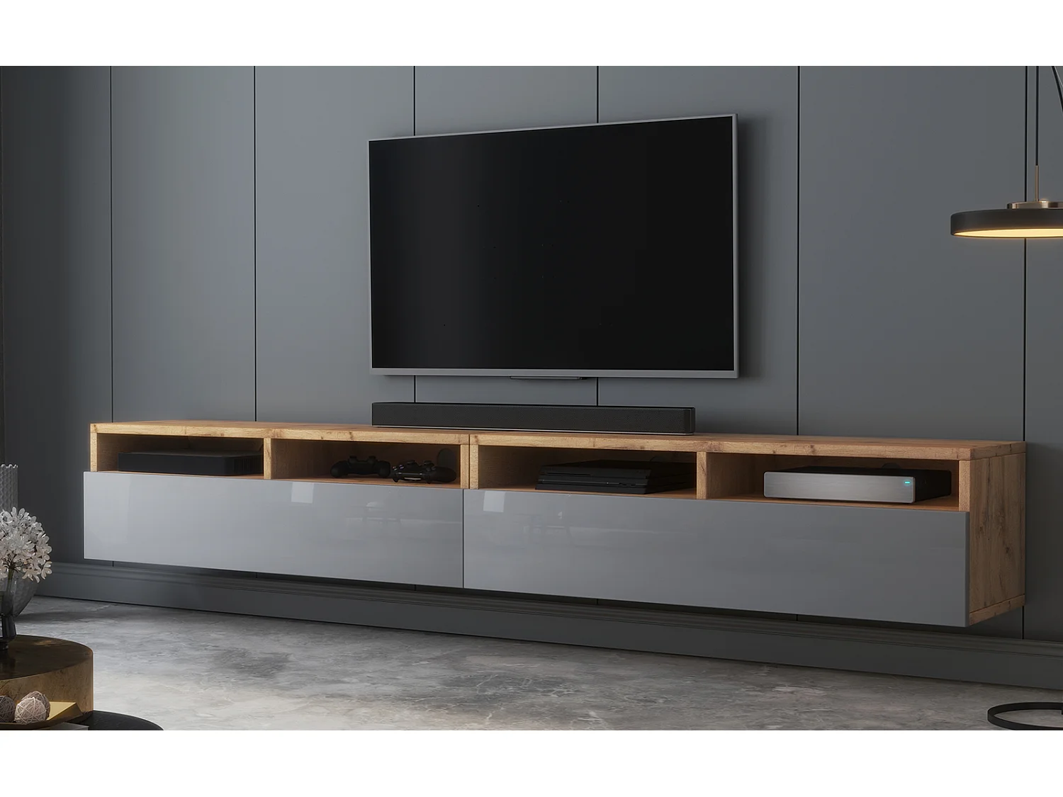 Meuble TV - 2x100 cm - chêne wotan / gris brillant - REDNAW