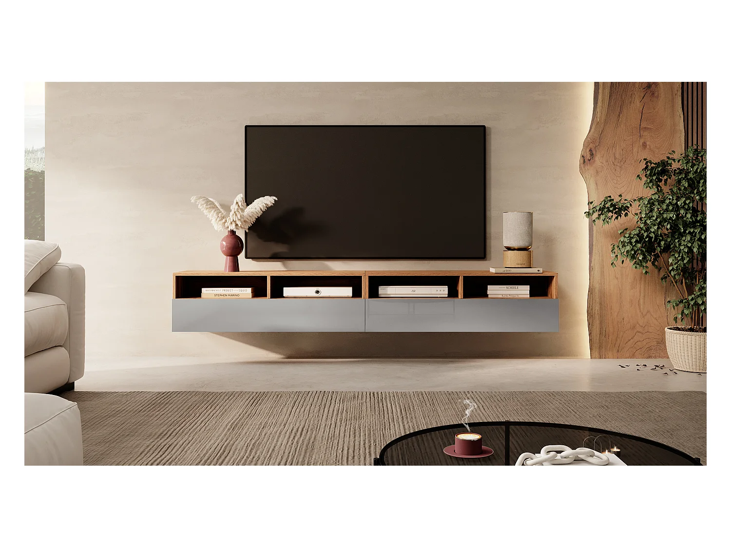 Meuble TV - 2x100 cm - chêne wotan / gris brillant - REDNAW