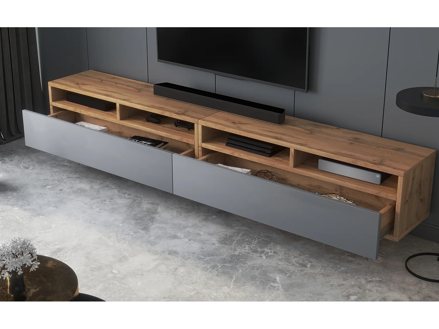 Meuble TV - 2x100 cm - chêne wotan / gris brillant - REDNAW