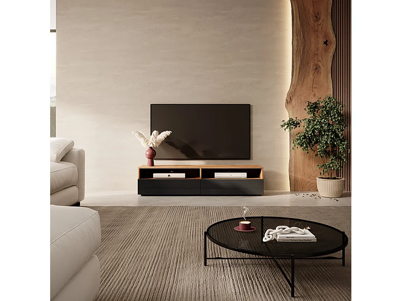 Mueble TV con dos cajones - Roble Wotan / Negro brillo - 140 cm - Rednaw