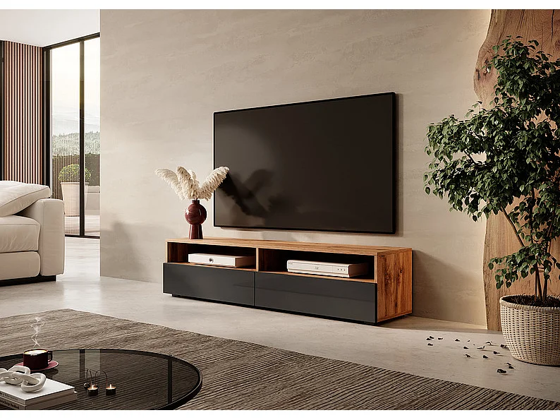 Mueble TV con dos cajones - Roble Wotan / Negro brillo - 140 cm - Rednaw