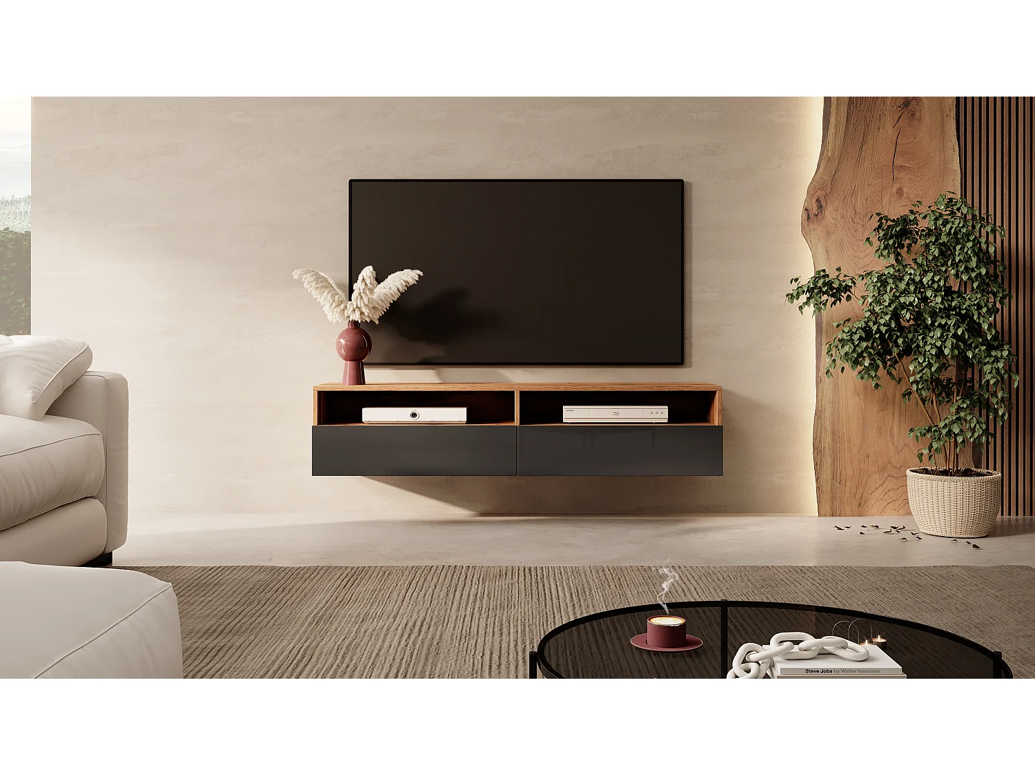 Mueble TV con dos cajones - Roble Wotan / Negro brillo - 140 cm - Rednaw