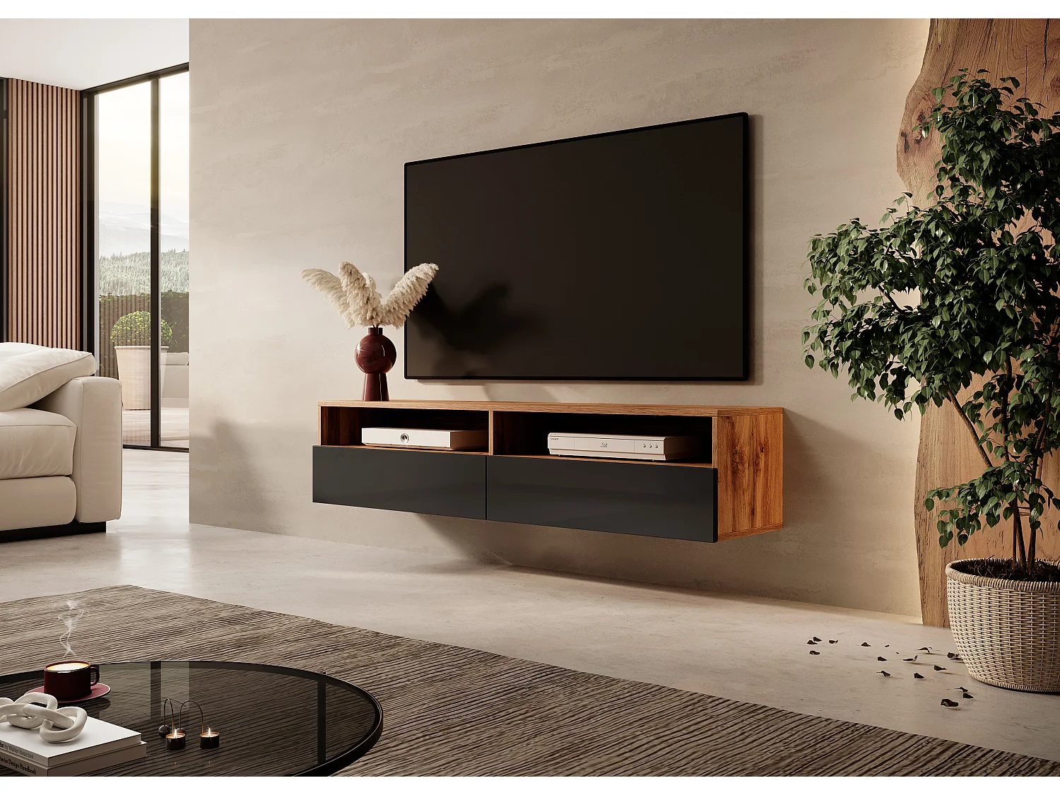Mueble TV con dos cajones - Roble Wotan / Negro brillo - 140 cm - Rednaw