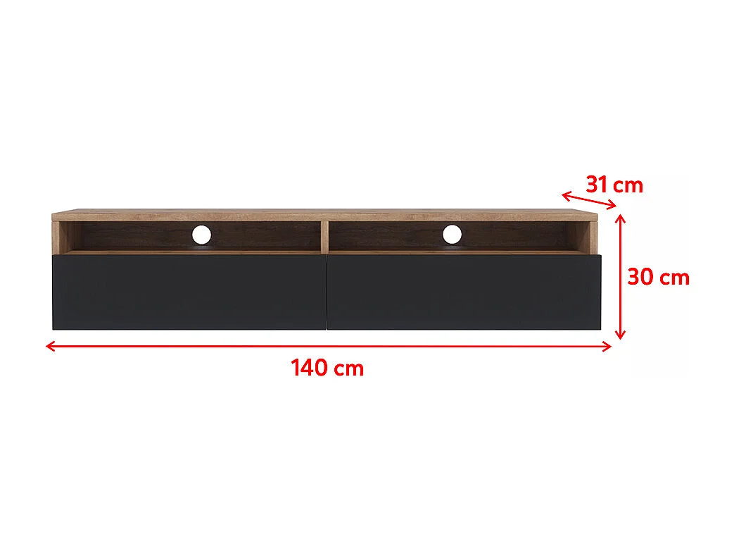 Mueble TV con dos cajones - Roble Wotan / Negro brillo - 140 cm - Rednaw