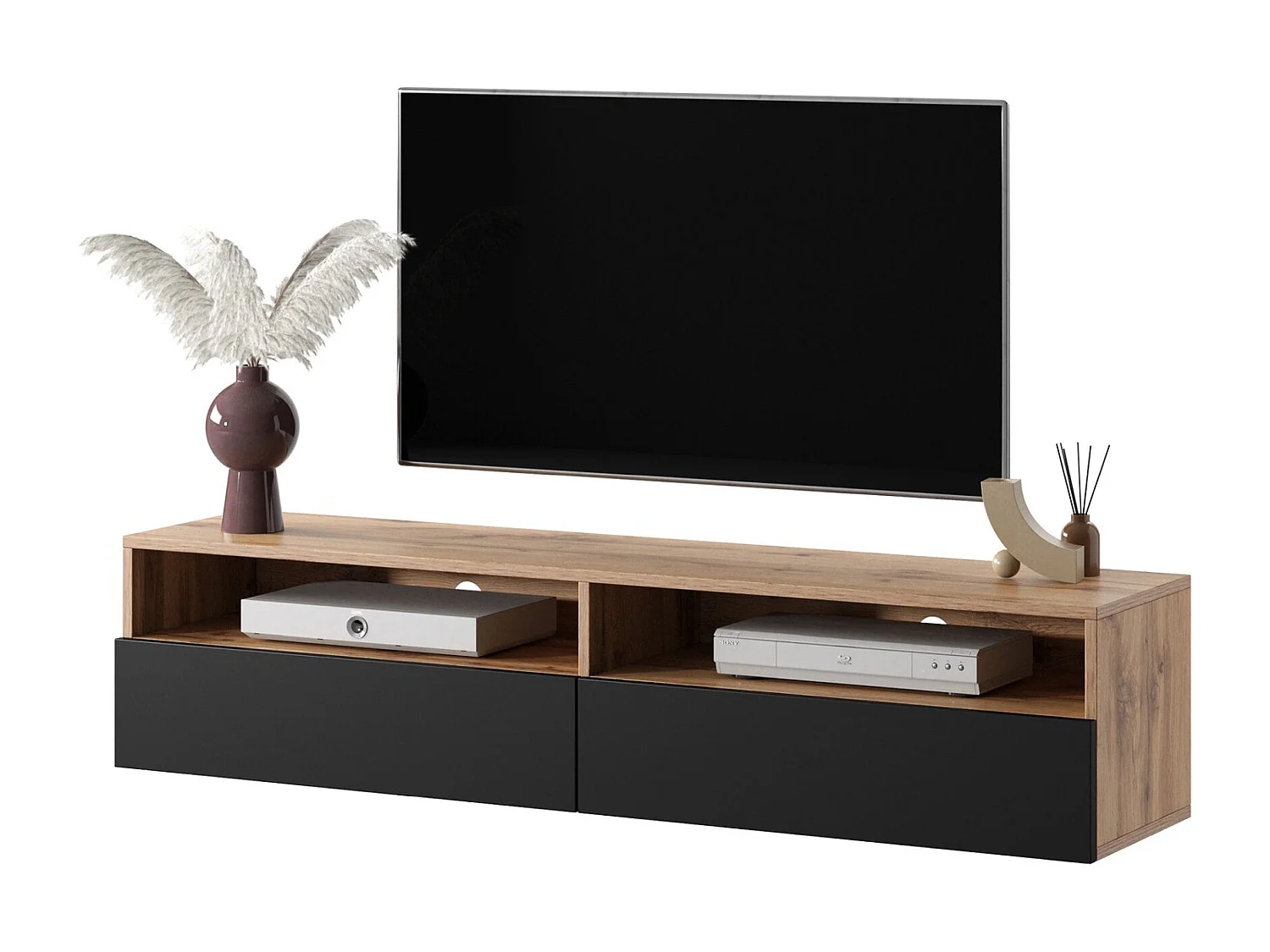 Mueble TV con dos cajones - Roble Wotan / Negro brillo - 140 cm - Rednaw