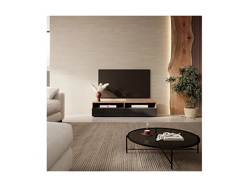 Meuble TV - 140 cm - chêne wotan / noir brillant - REDNAW