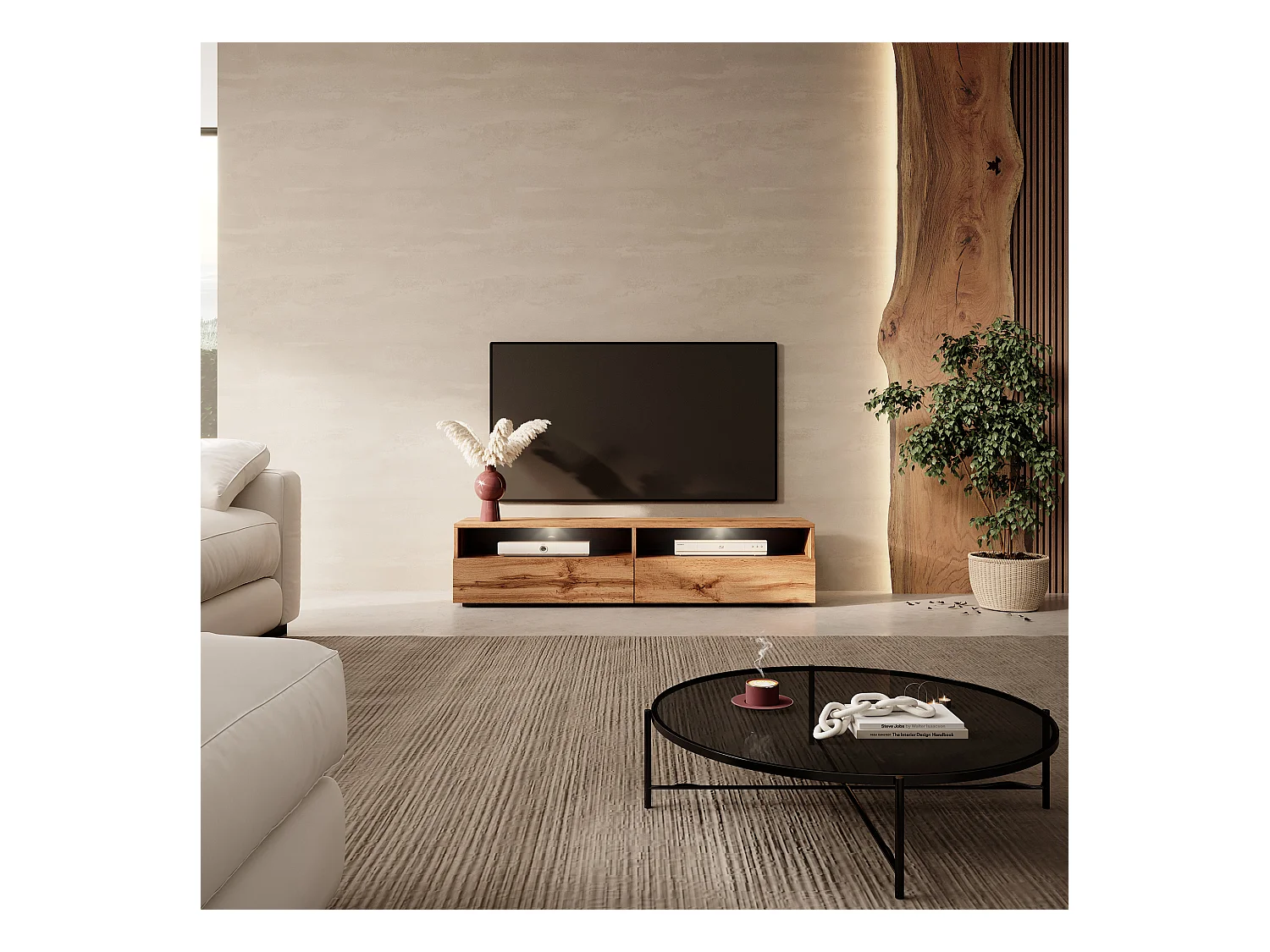 Meuble TV - 140 cm - chêne wotan - avec LED - REDNAW