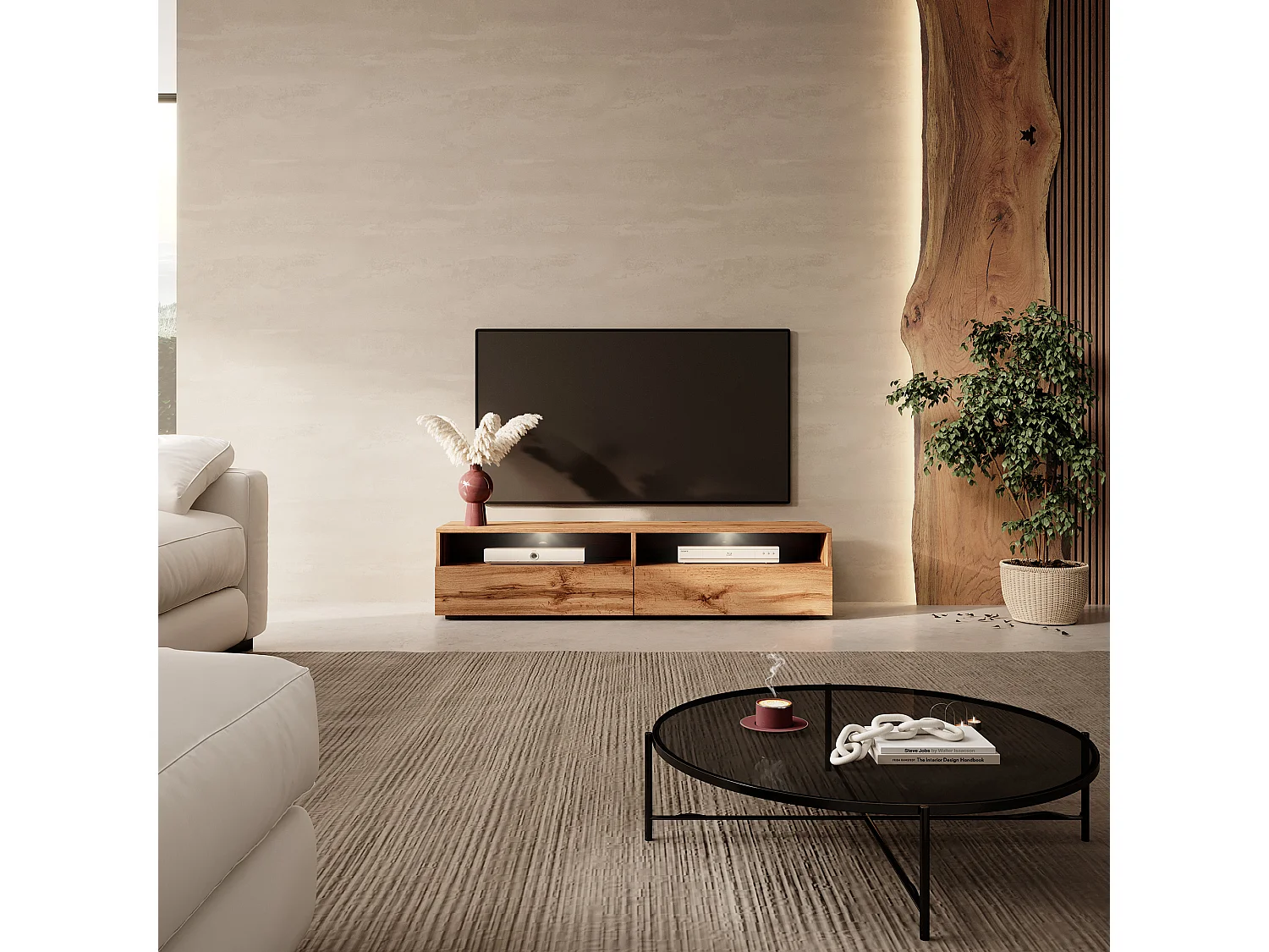 Meuble TV - 140 cm - chêne wotan - avec LED - REDNAW