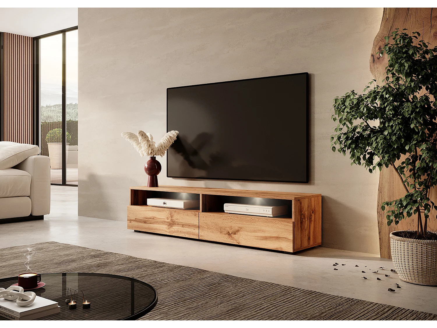 Meuble TV - 140 cm - chêne wotan - avec LED - REDNAW