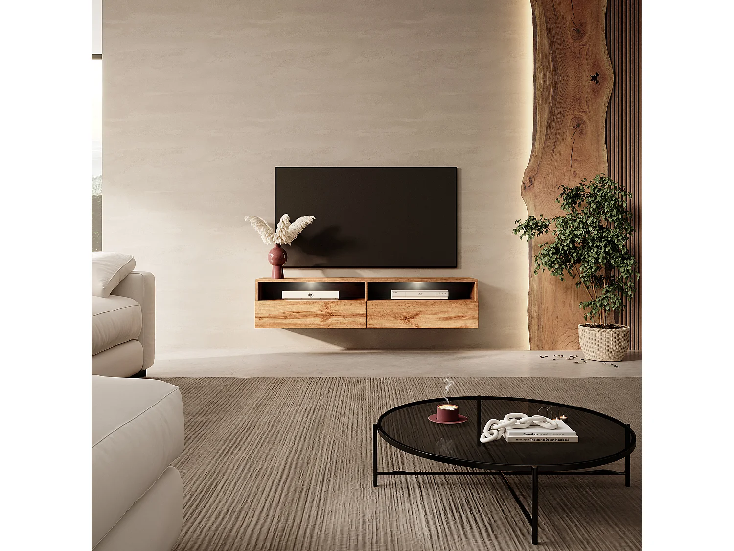 Meuble TV - 140 cm - chêne wotan - avec LED - REDNAW