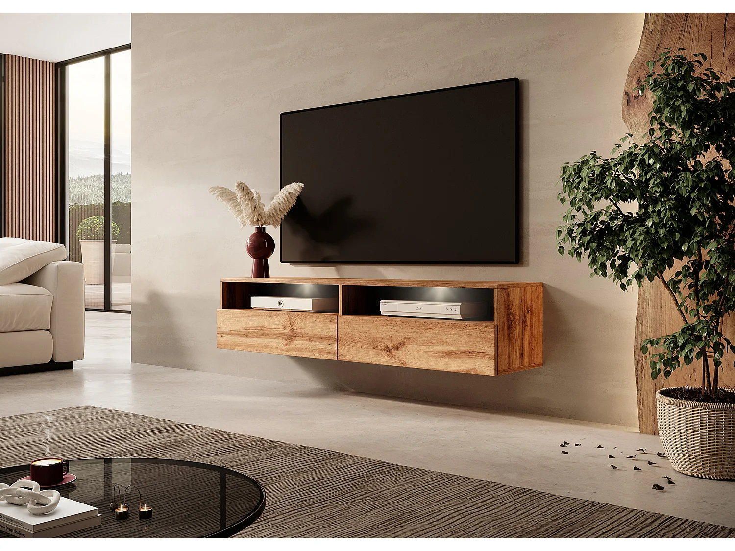 Meuble TV - 140 cm - chêne wotan - avec LED - REDNAW