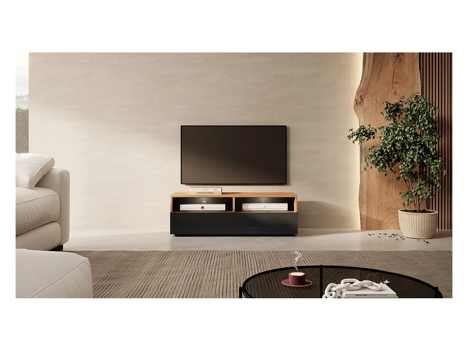 Meuble TV - 100 cm - chêne wotan / noir brillant - avec LED - REDNAW