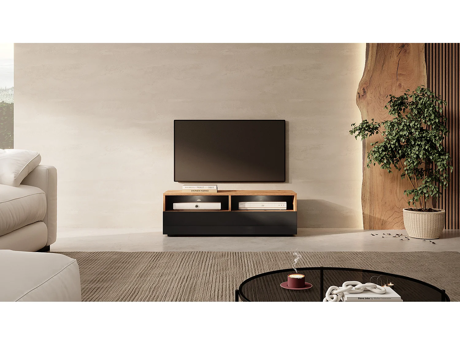 Meuble TV - 100 cm - chêne wotan / noir brillant - avec LED - REDNAW