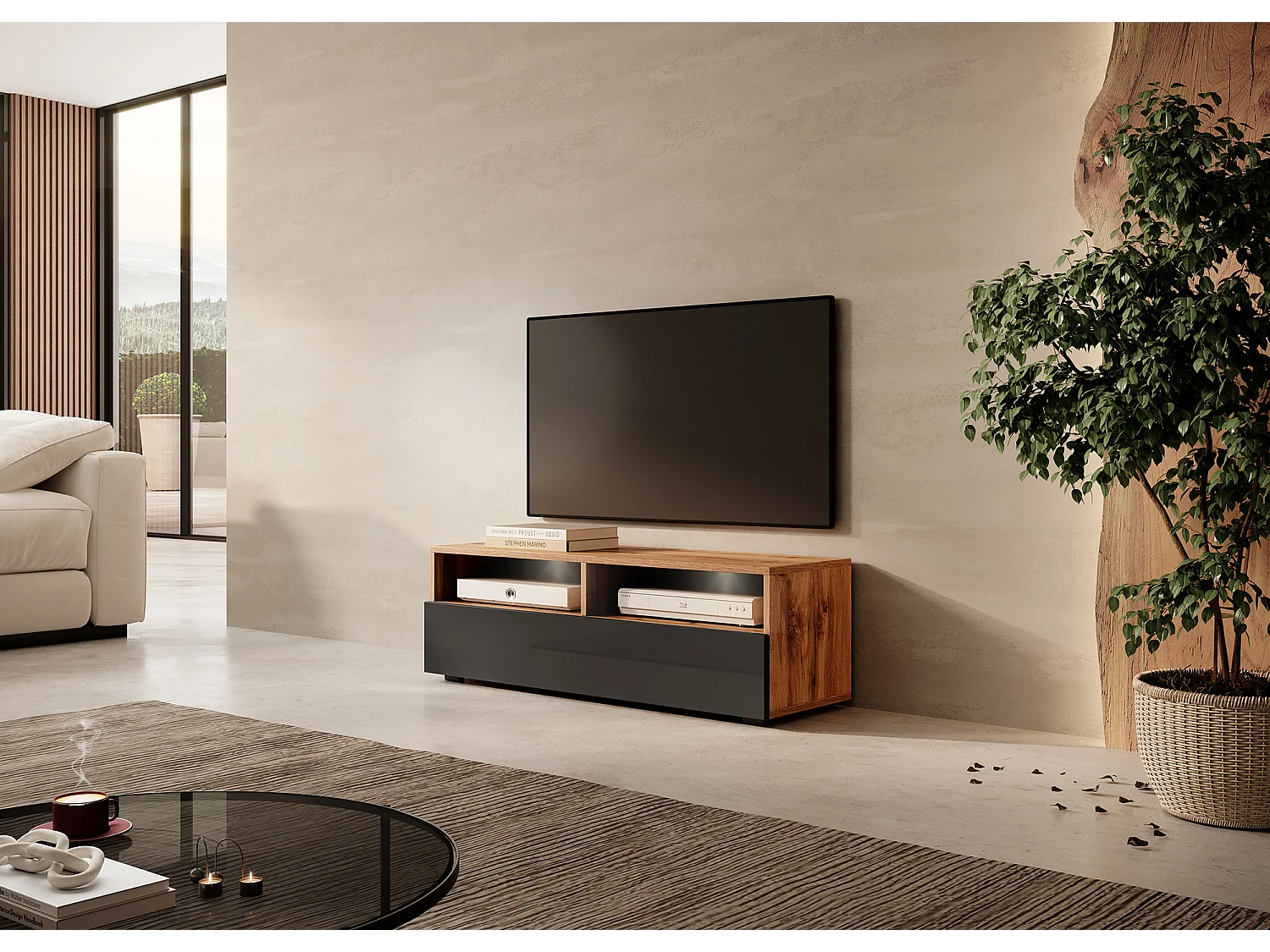 Meuble TV - 100 cm - chêne wotan / noir brillant - avec LED - REDNAW