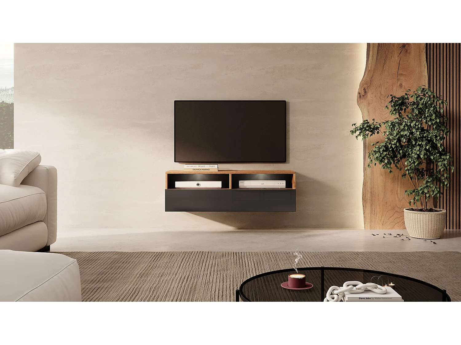 Meuble TV - 100 cm - chêne wotan / noir brillant - avec LED - REDNAW