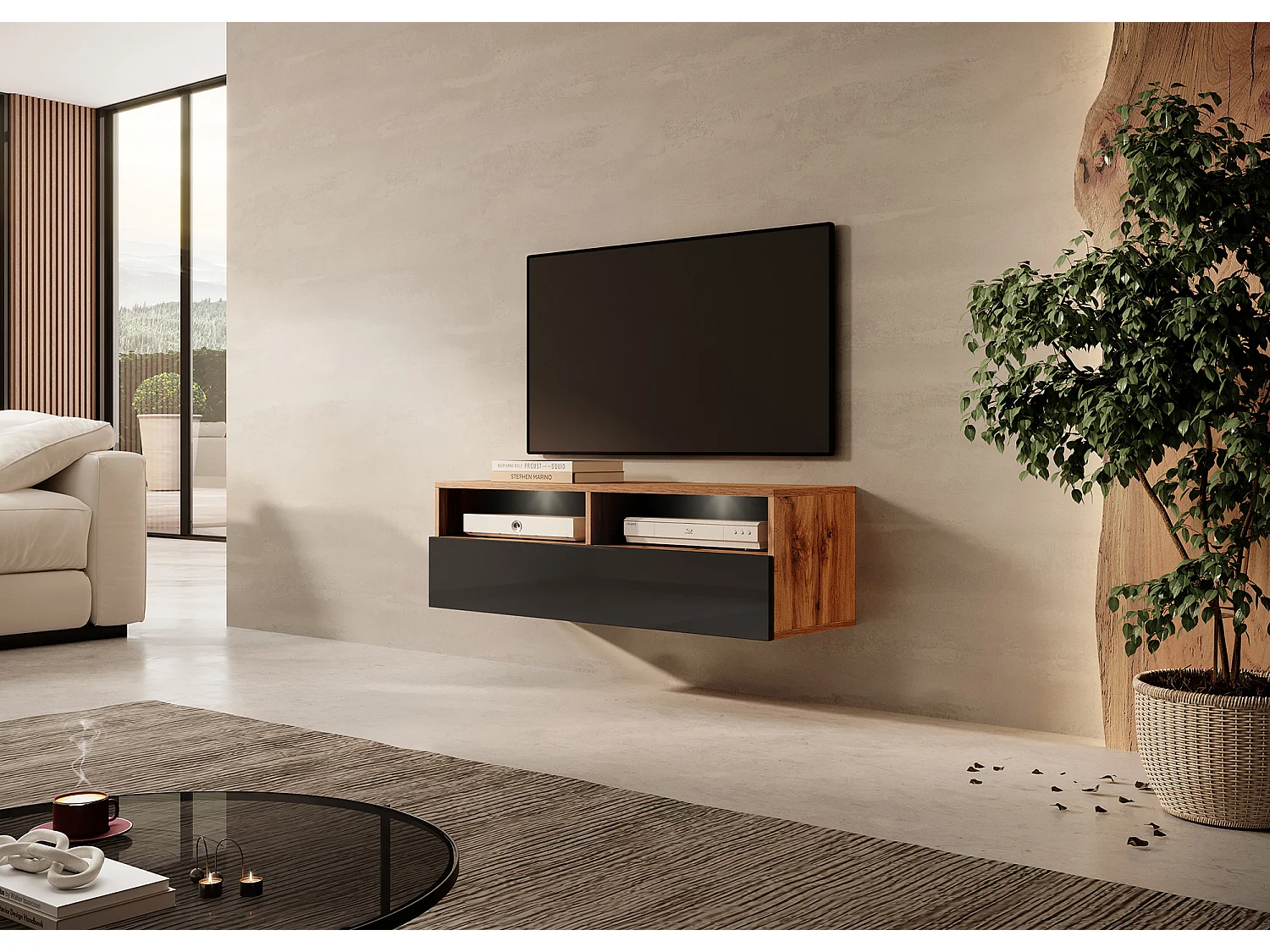 Meuble TV - 100 cm - chêne wotan / noir brillant - avec LED - REDNAW