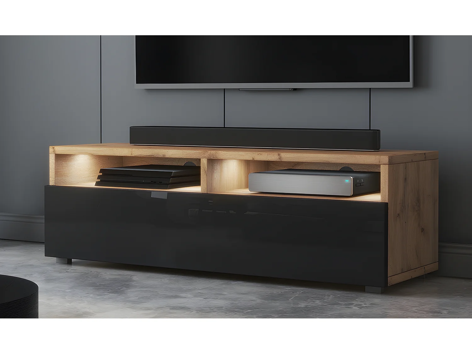 Meuble TV - 100 cm - chêne wotan / noir brillant - avec LED - REDNAW