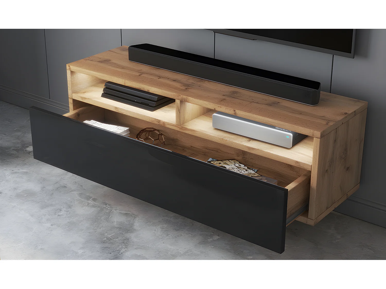 Meuble TV - 100 cm - chêne wotan / noir brillant - avec LED - REDNAW