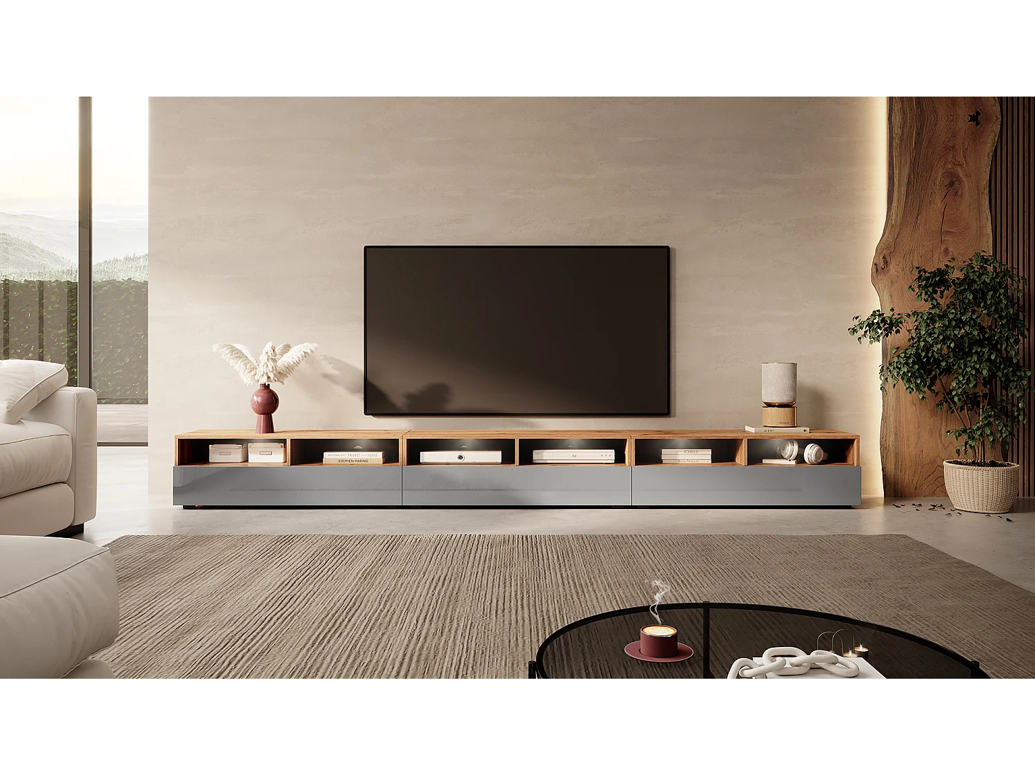 Mobile TV / Mobile soggiorno - design moderno - rovere wotan / grigio lucido con illuminazione a LED - 300 cm - Rednaw