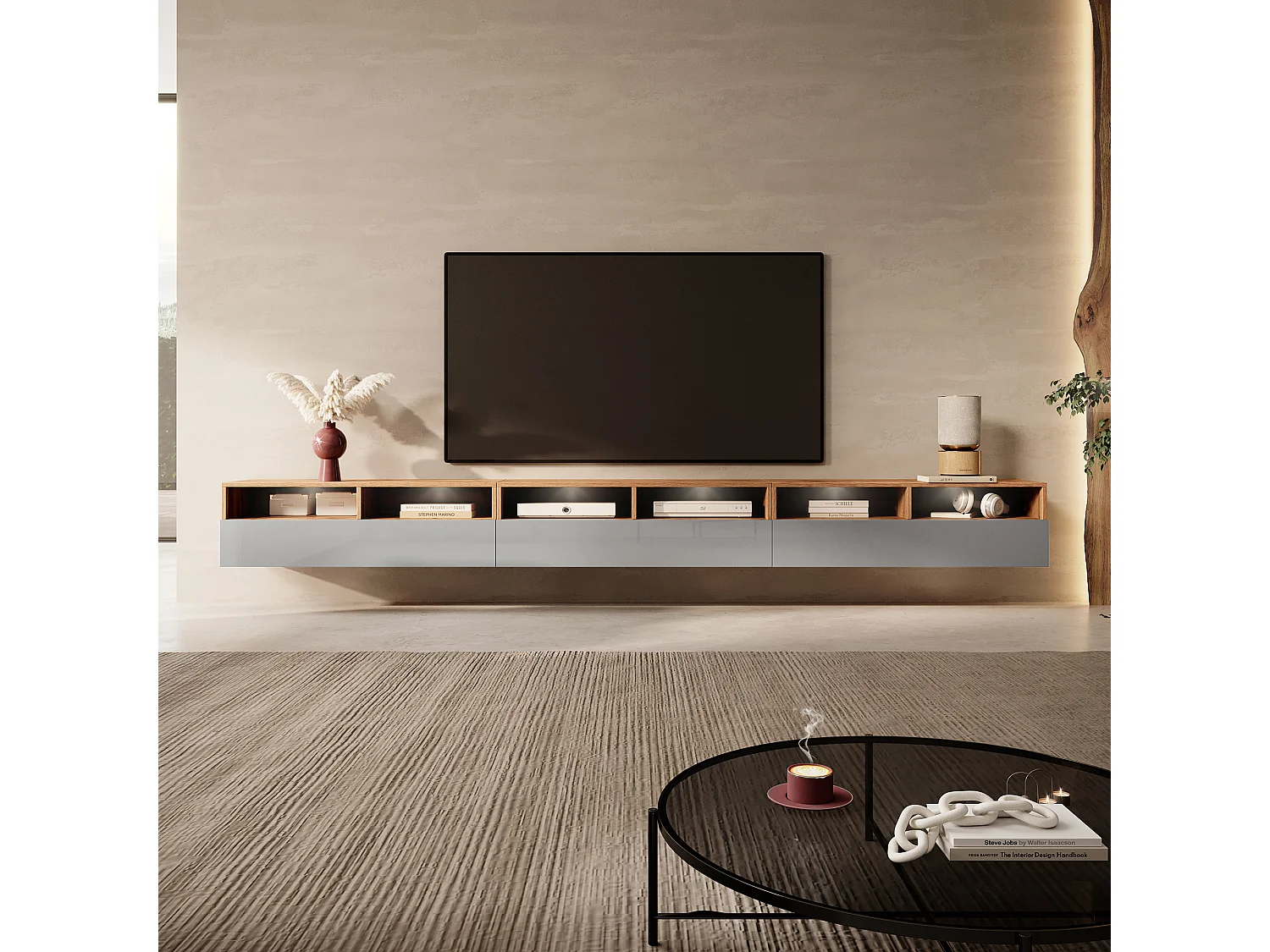 Mobile TV / Mobile soggiorno - design moderno - rovere wotan / grigio lucido con illuminazione a LED - 300 cm - Rednaw