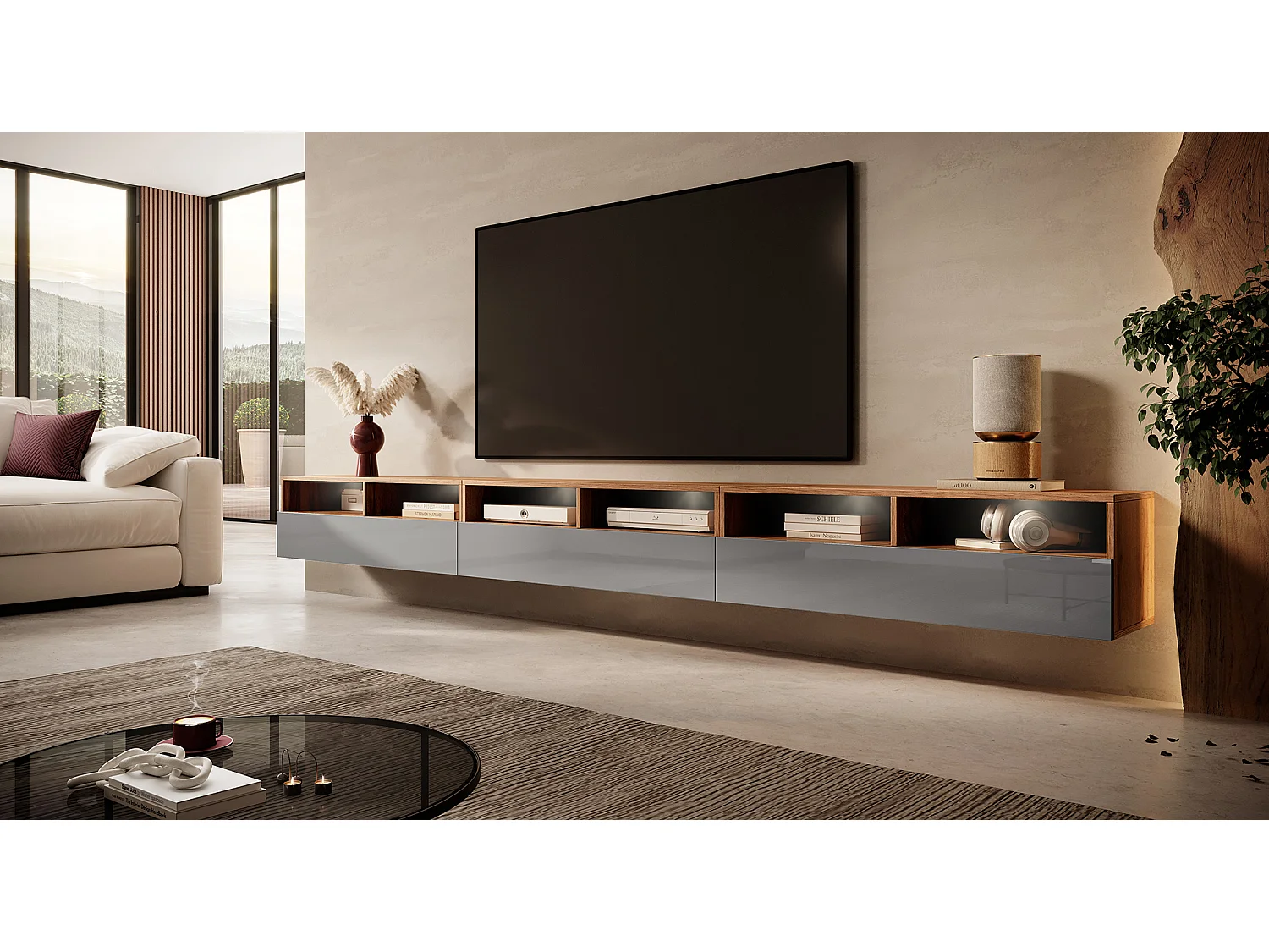 Mobile TV / Mobile soggiorno - design moderno - rovere wotan / grigio lucido con illuminazione a LED - 300 cm - Rednaw