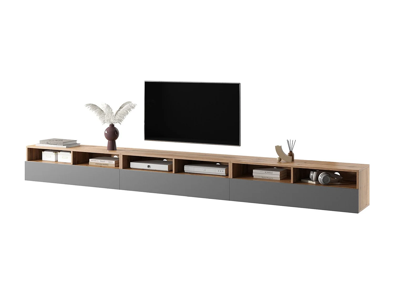 Mobile TV / Mobile soggiorno - design moderno - rovere wotan / grigio lucido con illuminazione a LED - 300 cm - Rednaw