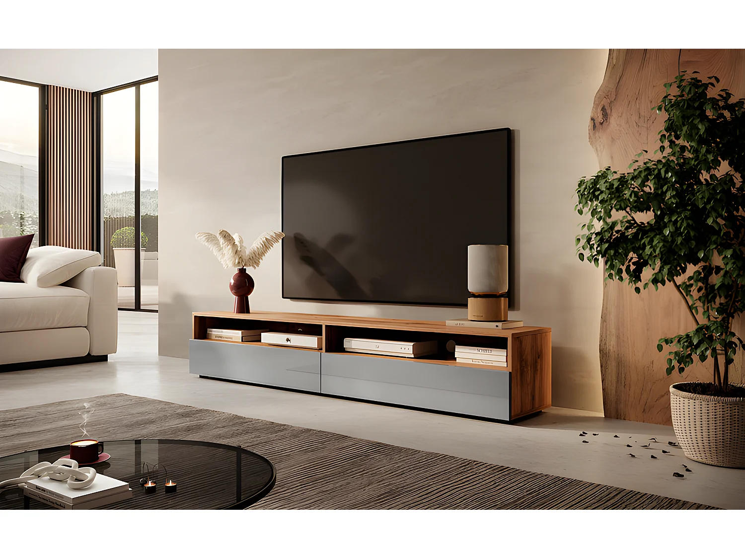 Meuble TV - 180 cm - chêne wotan / gris brillant - REDNAW