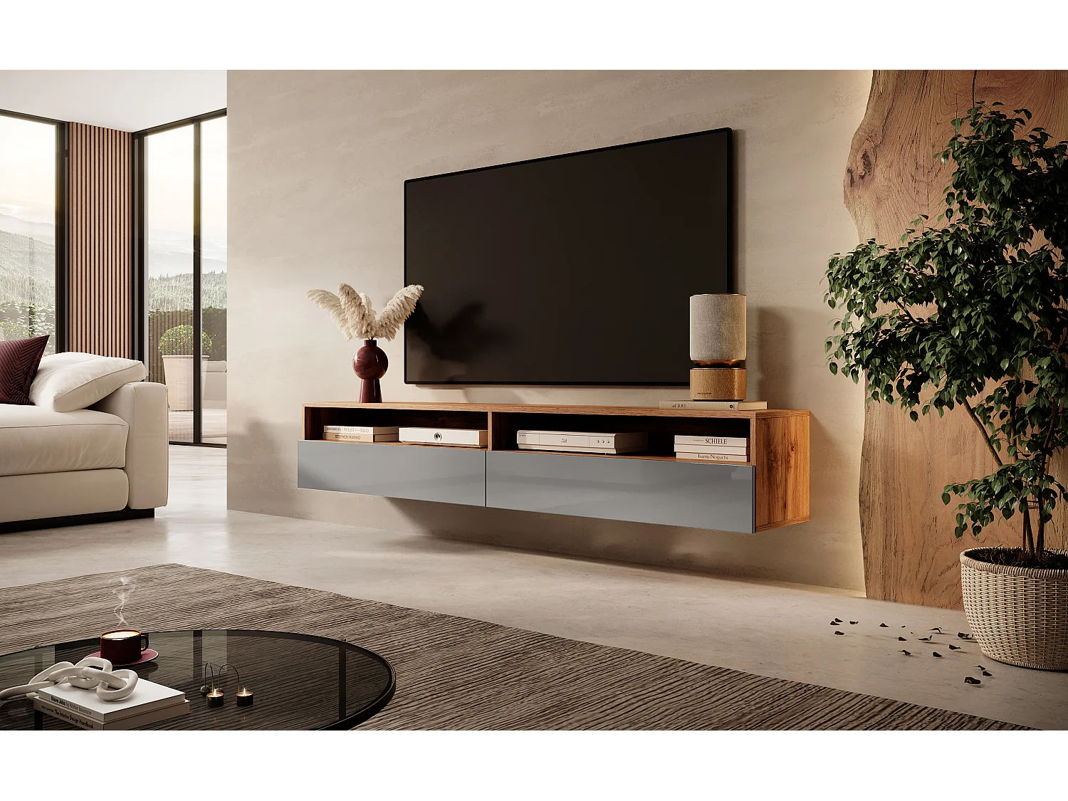 Meuble TV - 180 cm - chêne wotan / gris brillant - REDNAW