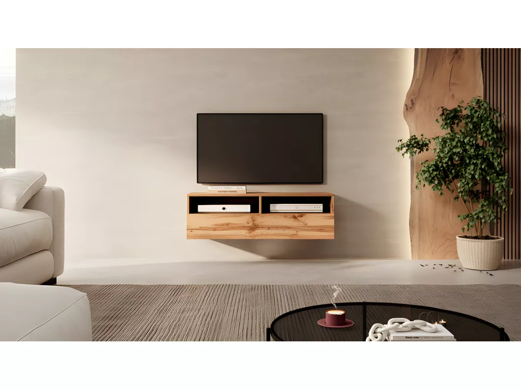 Kauf Unique TV-Schrank / modernes TV-Board für Wohnzimmer, stehend / hängend, 100 cm breit (Wotan Eiche Matt ohne LED) - Rednaw