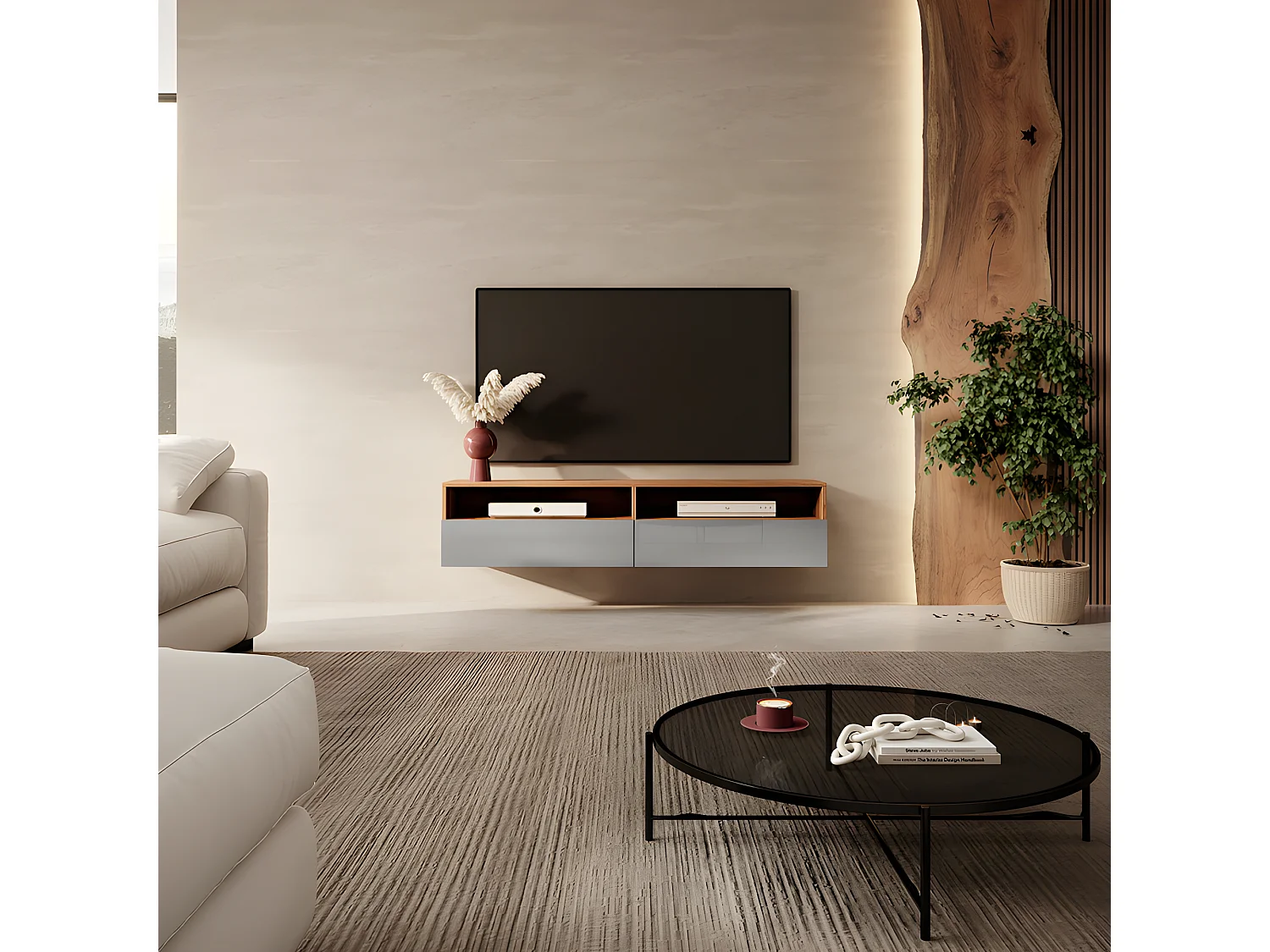 Meuble TV - 140 cm - chêne wotan / gris brillant - REDNAW