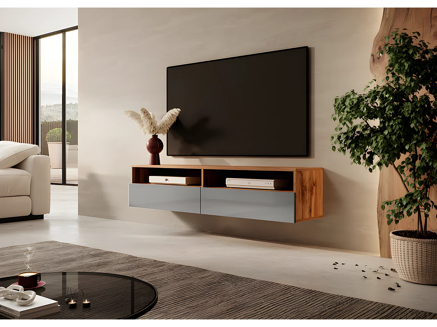 Meuble TV - 140 cm - chêne wotan / gris brillant - REDNAW