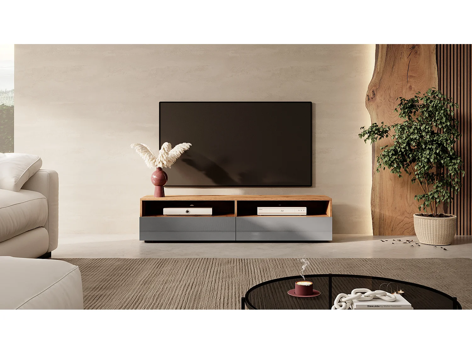 Meuble TV - 140 cm - chêne wotan / gris brillant - REDNAW