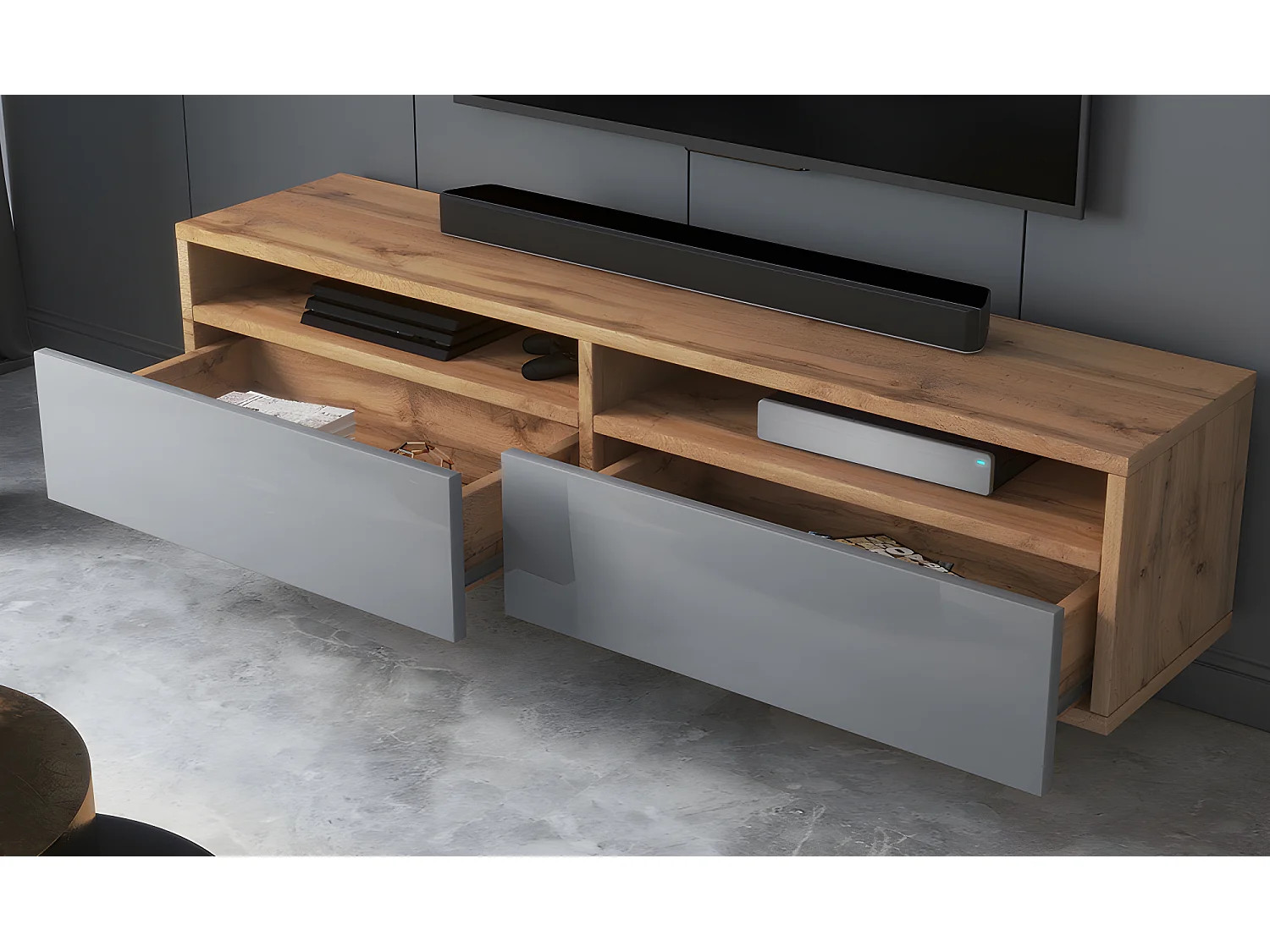 Meuble TV - 140 cm - chêne wotan / gris brillant - REDNAW