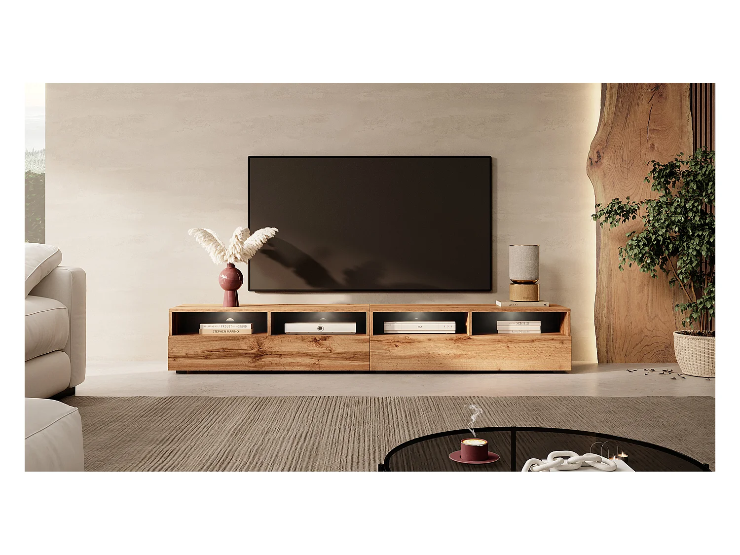 Meuble TV - 2x100 cm - chêne wotan - avec LED - REDNAW