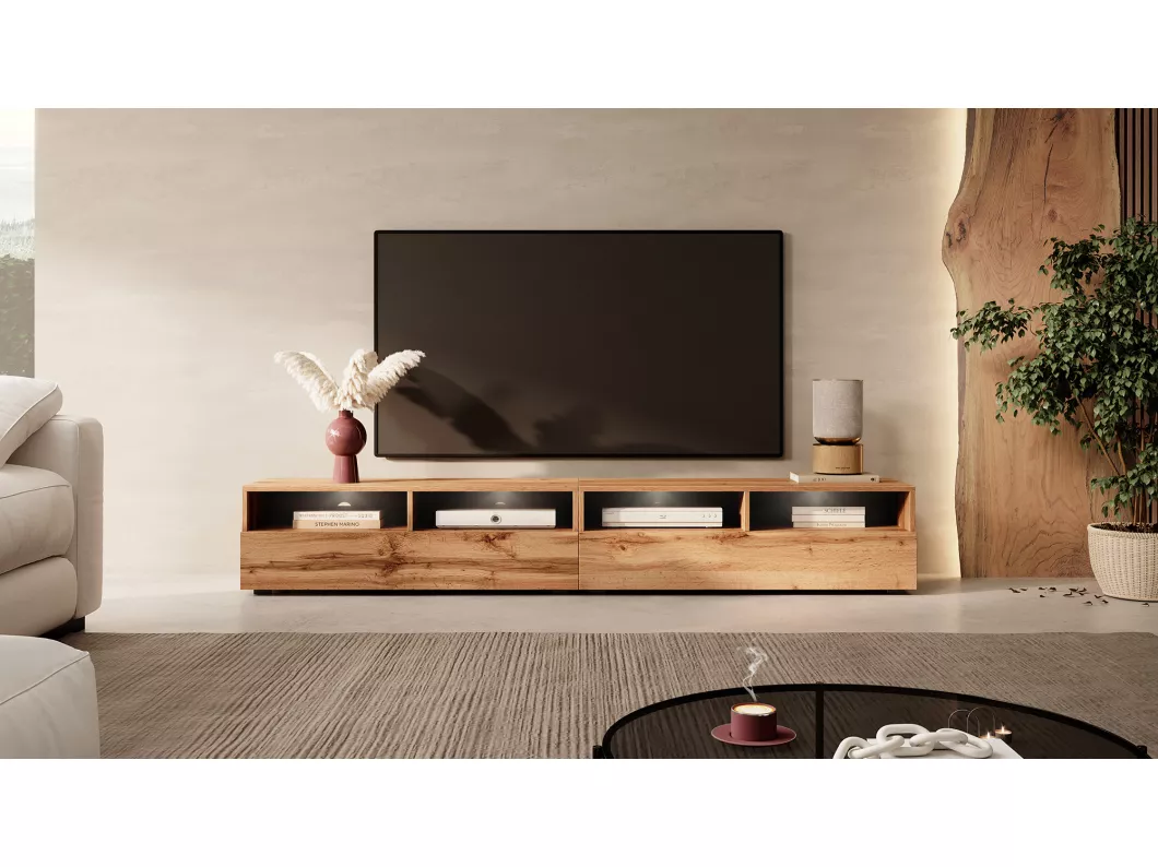 Kauf Unique TV-Schrank / modernes TV-Board für Wohnzimmer, stehend / hängend, 200 cm breit (Wotan Eiche Matt mit LED) - Rednaw