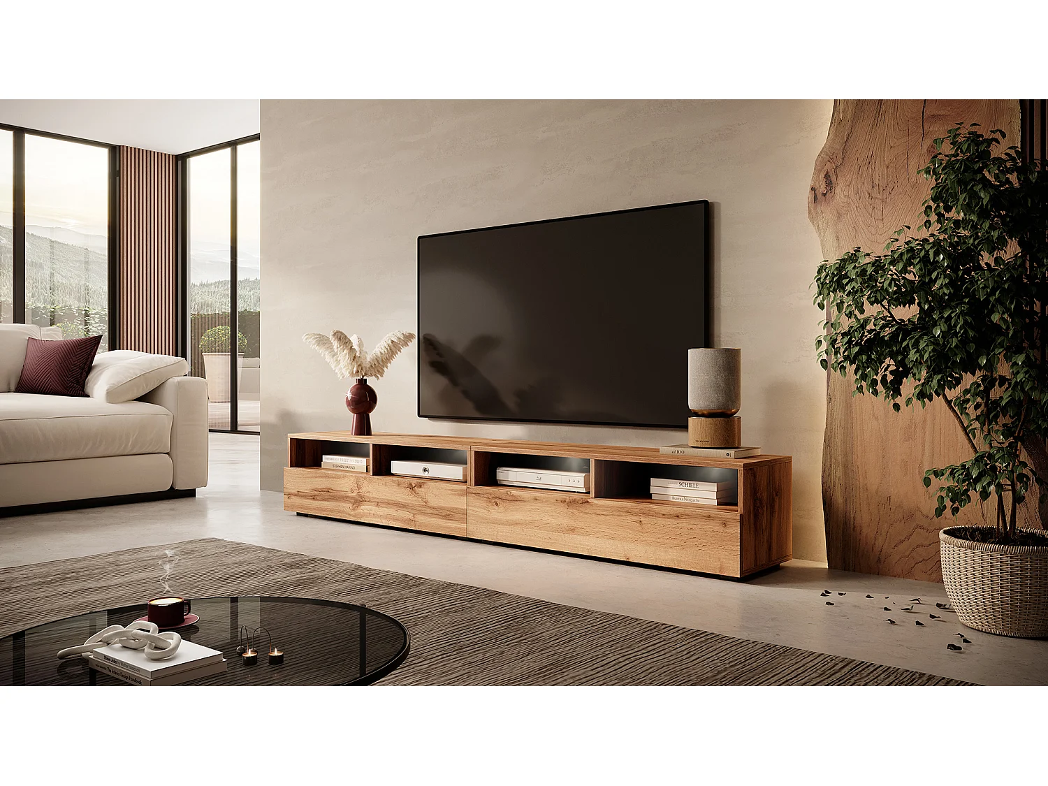 Meuble TV - 2x100 cm - chêne wotan - avec LED - REDNAW