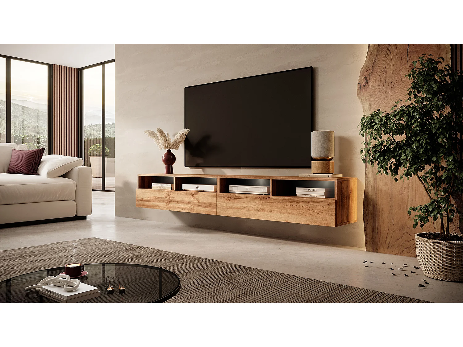 Meuble TV - 2x100 cm - chêne wotan - avec LED - REDNAW