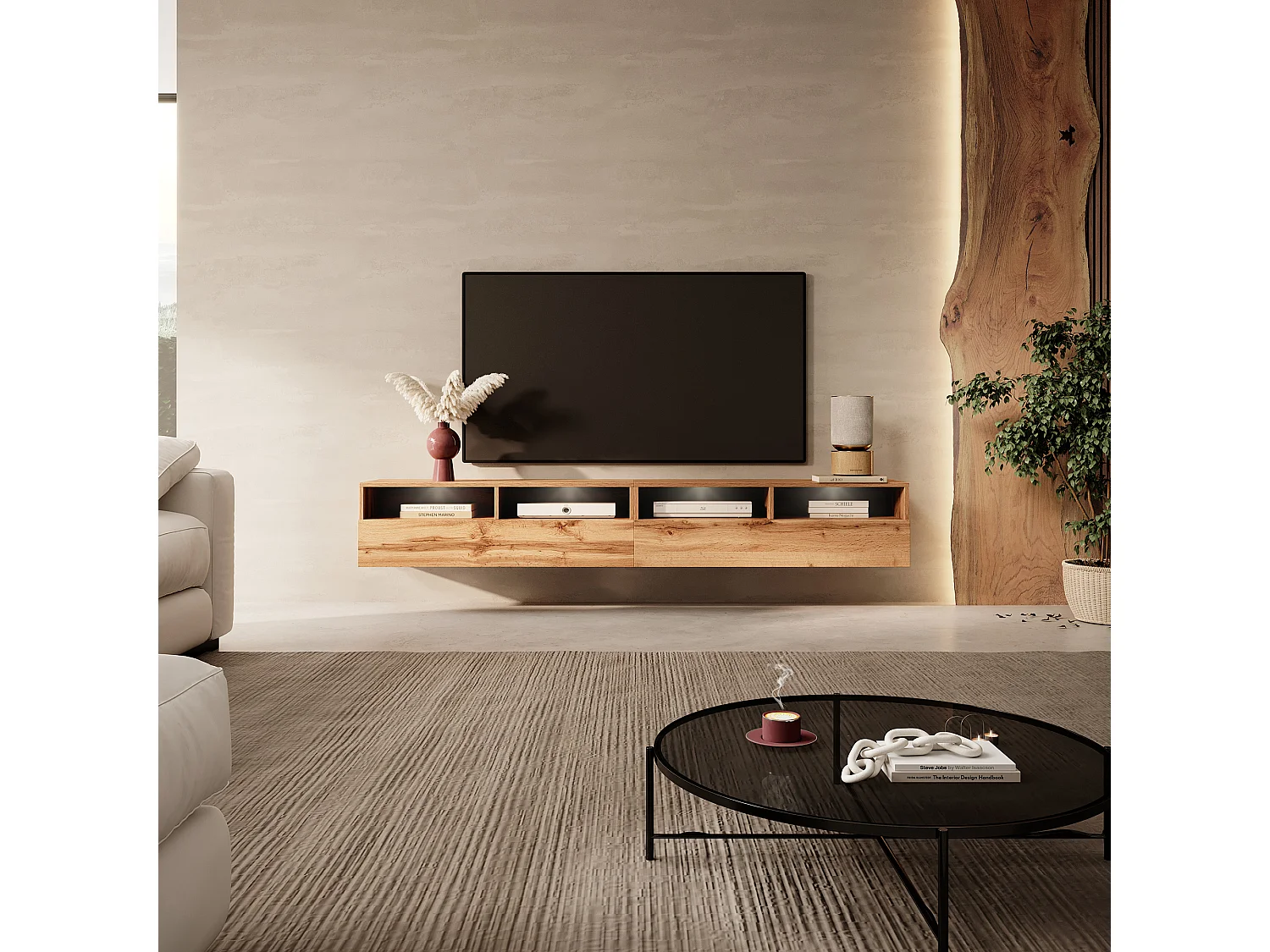 Meuble TV - 2x100 cm - chêne wotan - avec LED - REDNAW