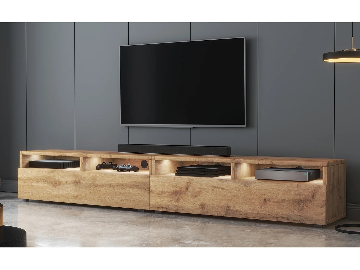 Meuble TV - 2x100 cm - chêne wotan - avec LED - REDNAW