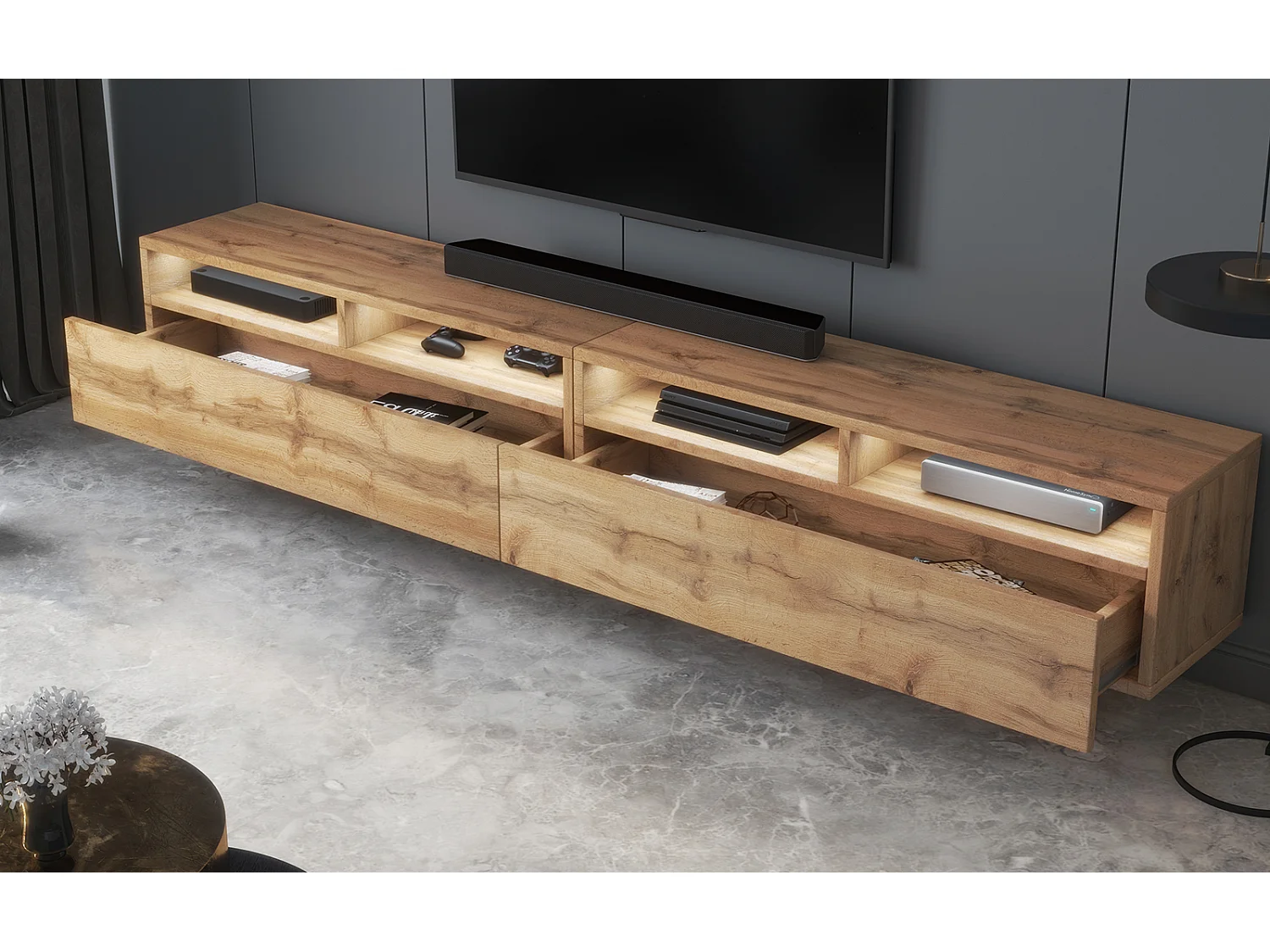 Meuble TV - 2x100 cm - chêne wotan - avec LED - REDNAW