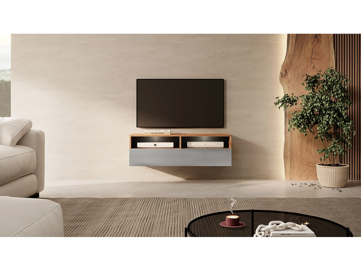 Meuble TV - 100 cm - chêne wotan / gris brillant - avec LED - REDNAW