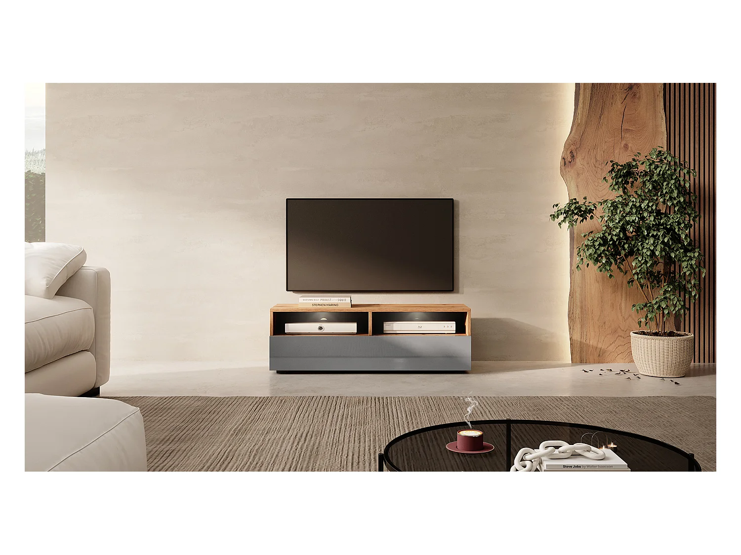 Meuble TV - 100 cm - chêne wotan / gris brillant - avec LED - REDNAW
